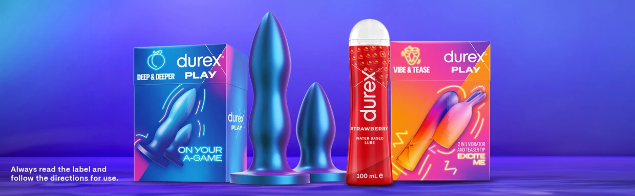 Various Durex Play products are displayed against a blue gradient background. 