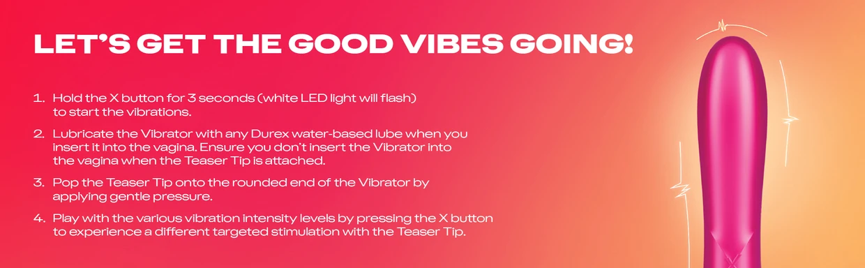 Pink vibrator: Detailed usage instructions in white text on a red gradient background.