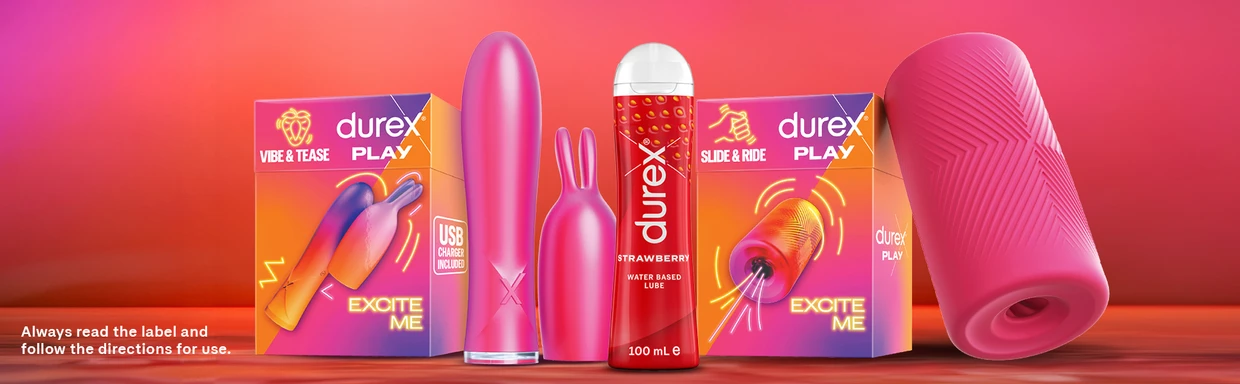 Five sex toys including vibrators, lubricant, and sleeves are displayed against a pink gradient background.